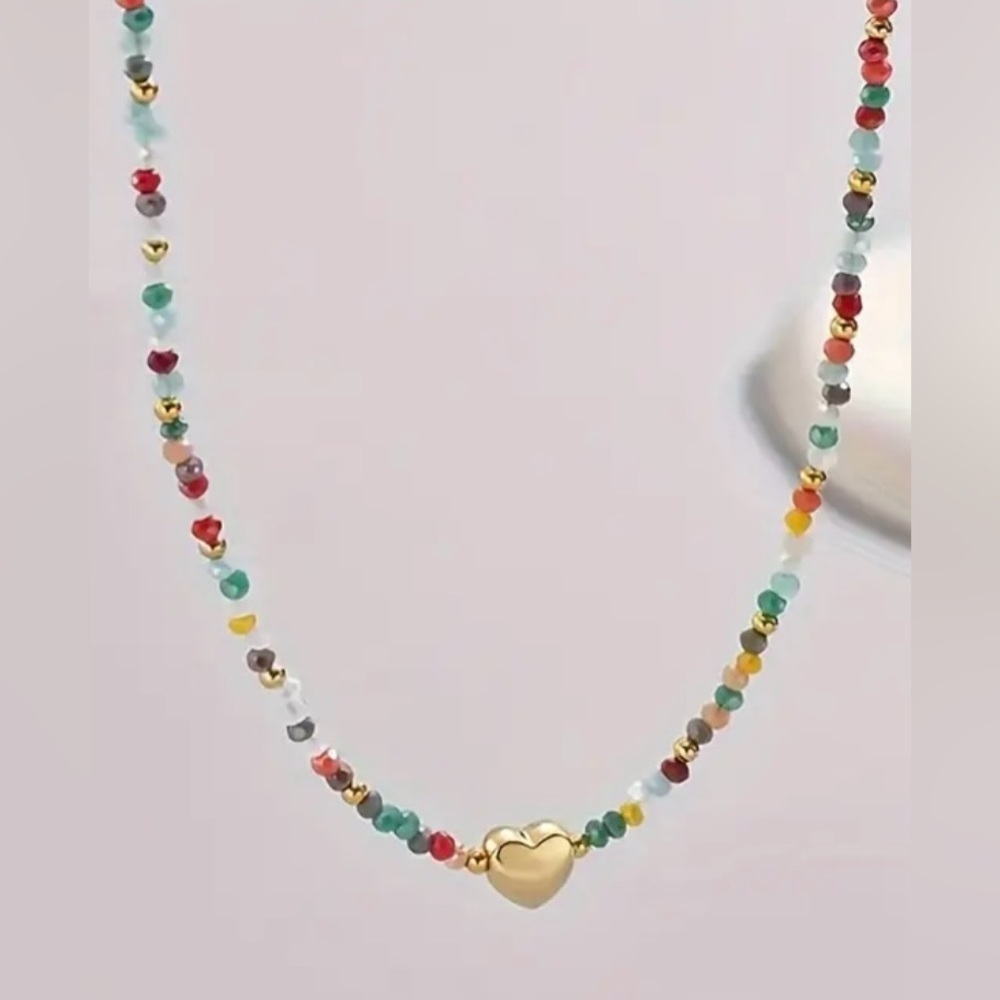 Colourful Beaded Necklace With Tiny Heart Pendant.
